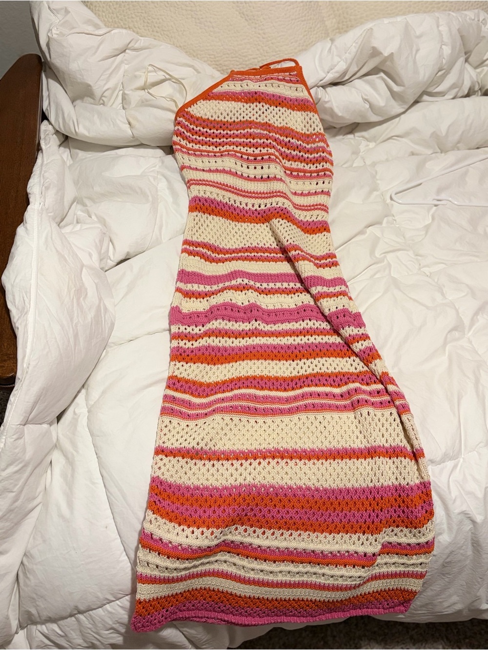 ANTONIO MELANI Strapless Crochet Maxi Dress in Cream, Pink & Orange